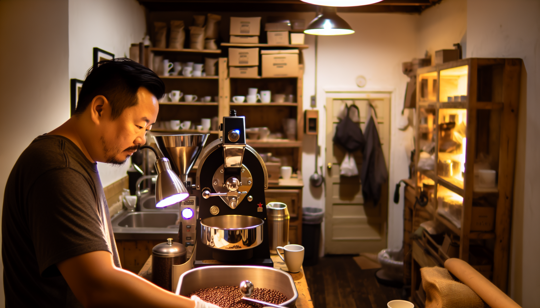 A home coffee roasting setup with expertly roasted beans, showcasing the art of roasting at home