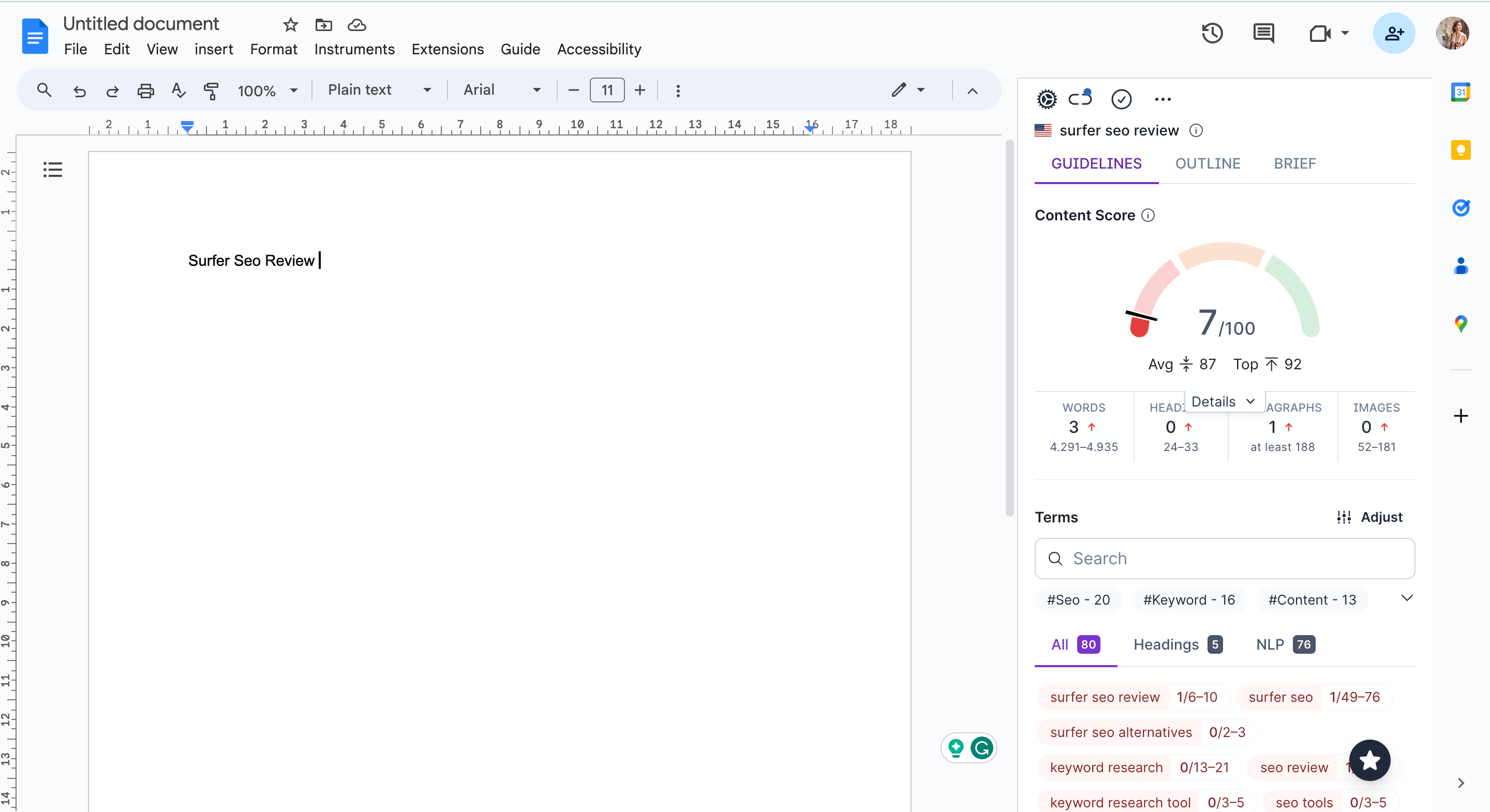 surfer seo extension on google docs