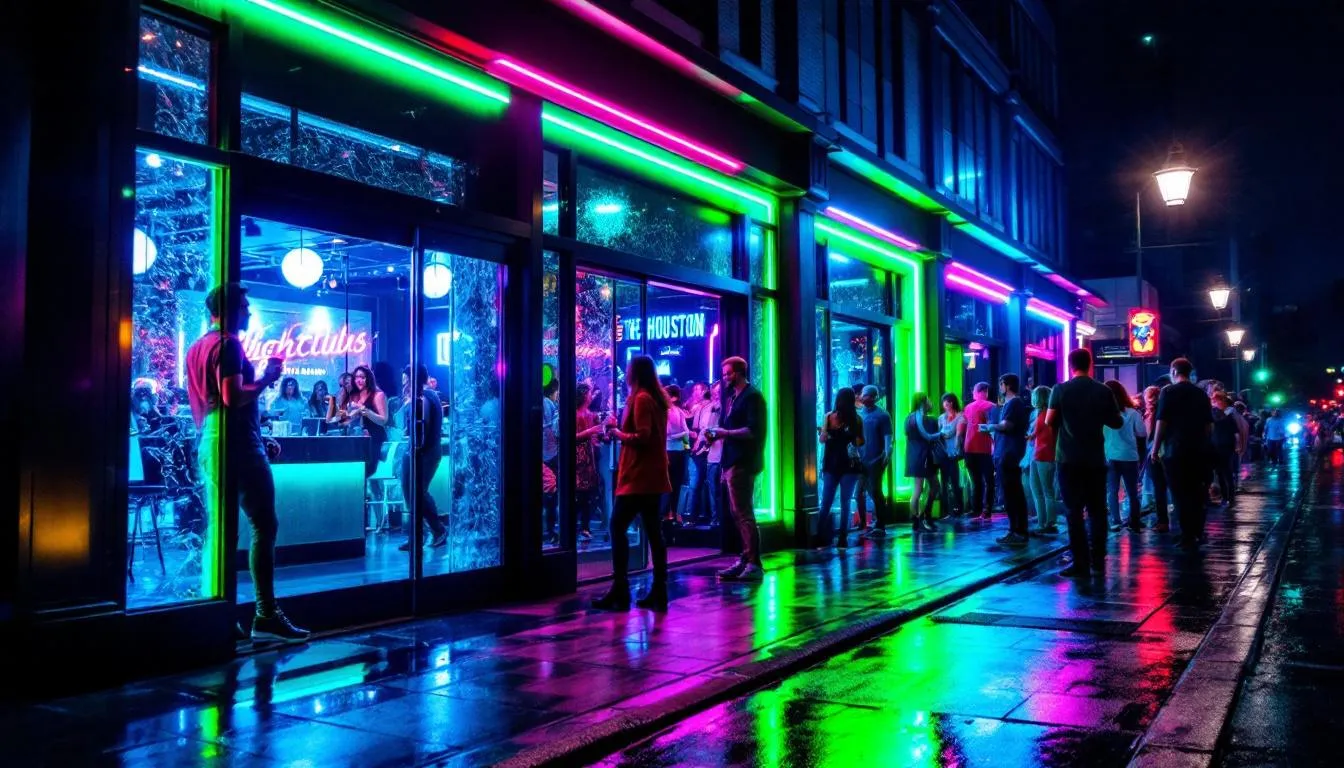 The image shows the exterior of a Houston nightclub illuminated by vibrant neon lights, with a crowd of people waiting in line, eager to experience the hip hop music and performances by local Houston rappers and artists. The scene captures the lively nightlife atmosphere of Texas, where legends in the music industry continue to shine.