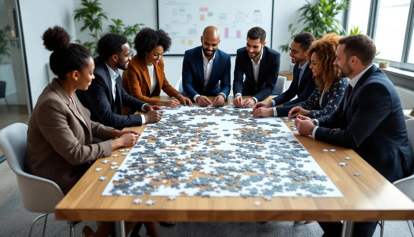 The image depicts a diverse group of business professionals collaborating on a puzzle challenge in a modern office meeting room, showcasing effective teamwork and communication skills during a team building event. The scene highlights the importance of problem solving and team bonding as they work together to achieve a common goal.