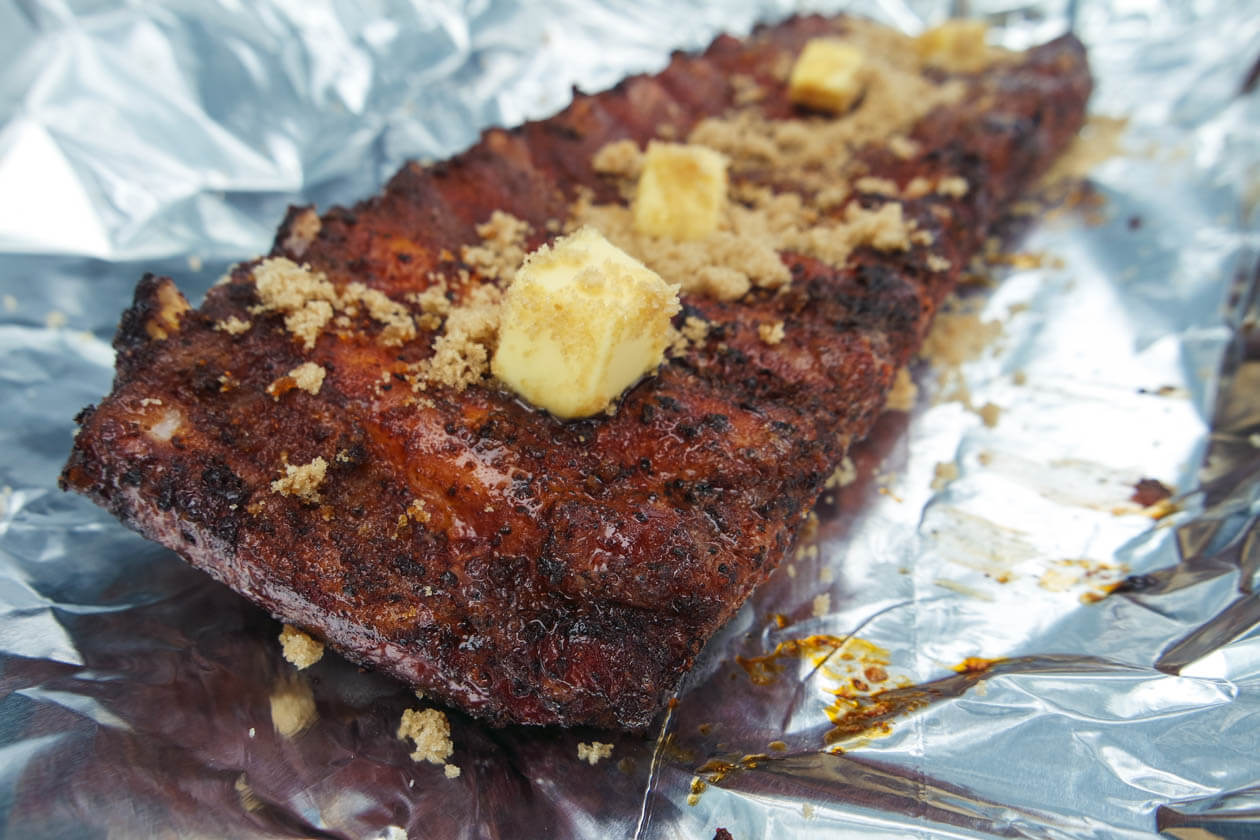 3-2-1 Rib Method - Wrapped in Aluminum Foil with butter and brown sugar, Meat Side Down - Smoke 2 Hours