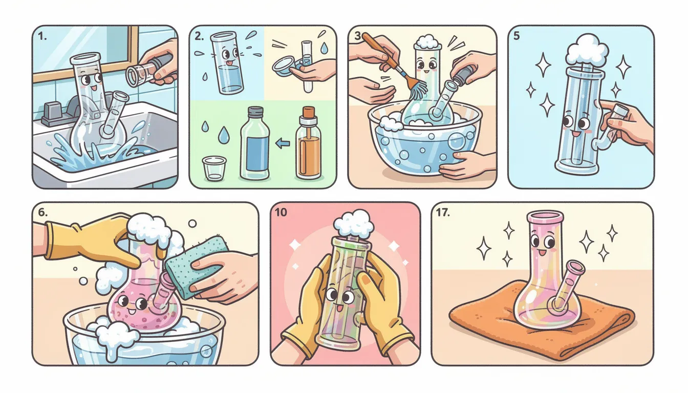 Reinigungstipps für verschiedene Bong-Materialien, wie Glas und Acryl.