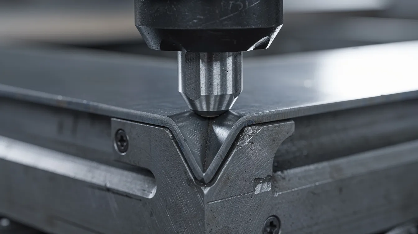 A close-up view captures a metal punch pressing into a V-die, forming a bent sheet metal part underneath, showcasing the precision of the bending process. This image highlights the use of metal bending techniques in manufacturing, emphasizing the tool's shape and the resulting bend angles for creating complex shapes.