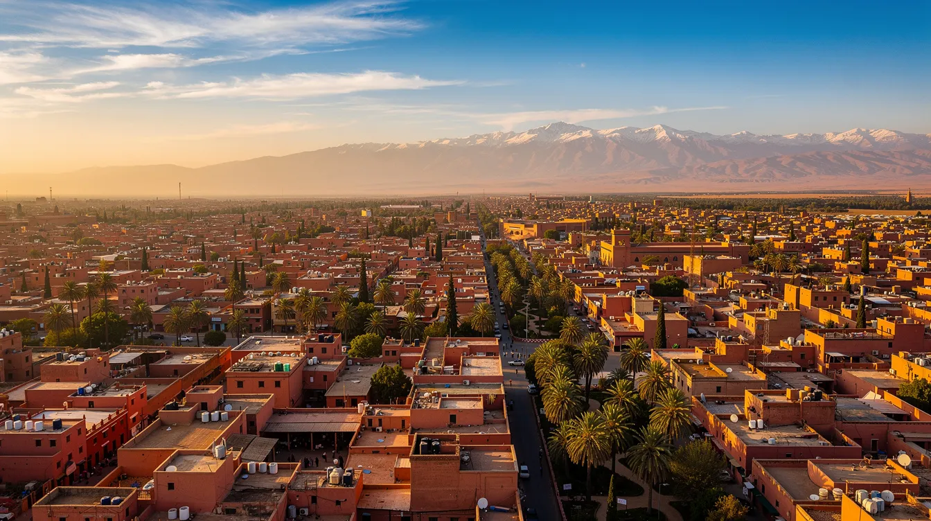 Een luchtfoto van Marrakech toont de iconische rode gebouwen en palmbomen, met het majestueuze Atlasgebergte op de achtergrond. Deze adembenemende uitzichten zijn perfect voor reizigers die luxe auto huren in Marokko en de bruisende souks en authentieke dorpjes willen verkennen.