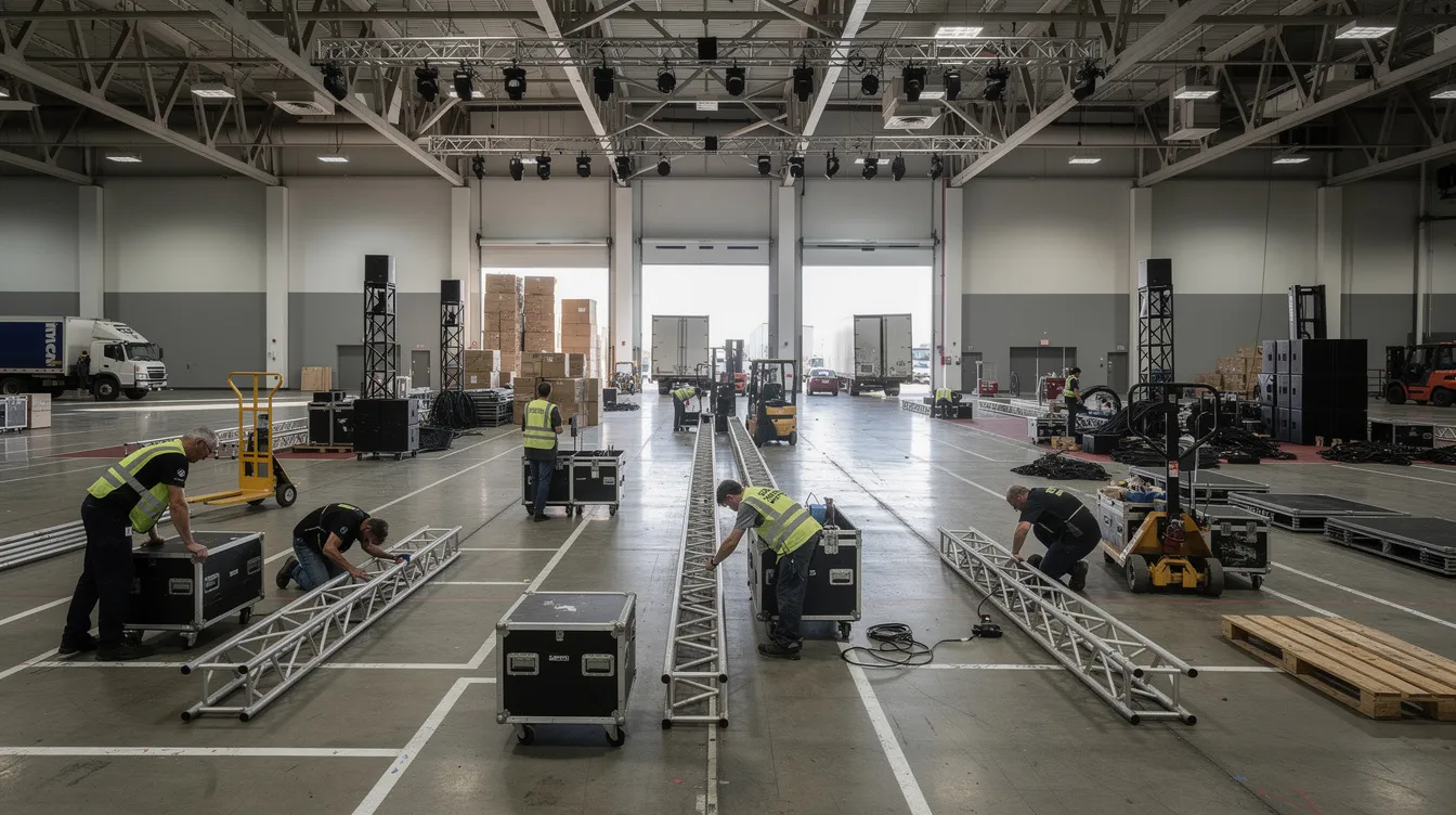Event crew members are seen unpacking and positioning various equipment, including modern charging stations and charging tables, on the convention center floor, with a loading dock visible in the background. This setup is part of the preparations for an event, focusing on enhancing attendee experience through strategic placement of charging solutions for devices.