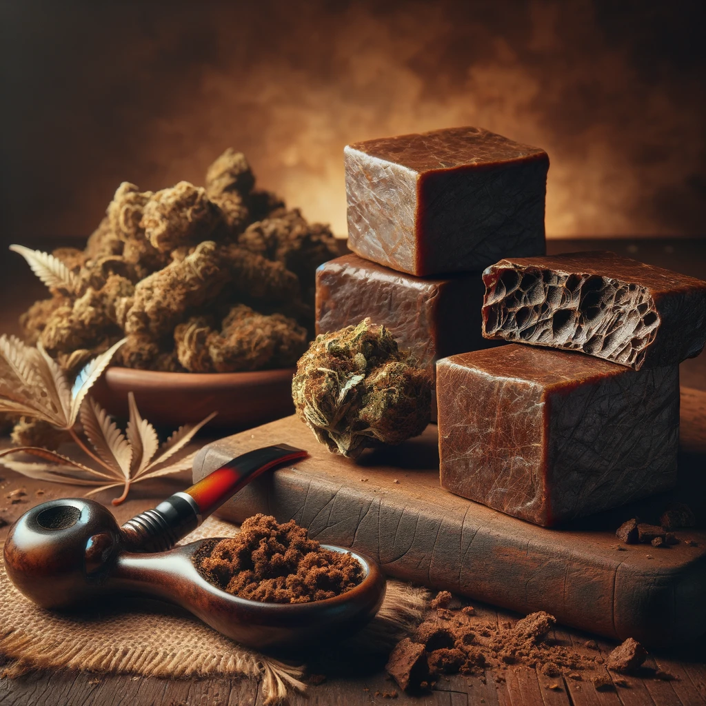 Afghani Hash displayed in various forms—solid block, crumbled pieces, and a rolled ball—on a rustic wooden table with a traditional smoking pipe.