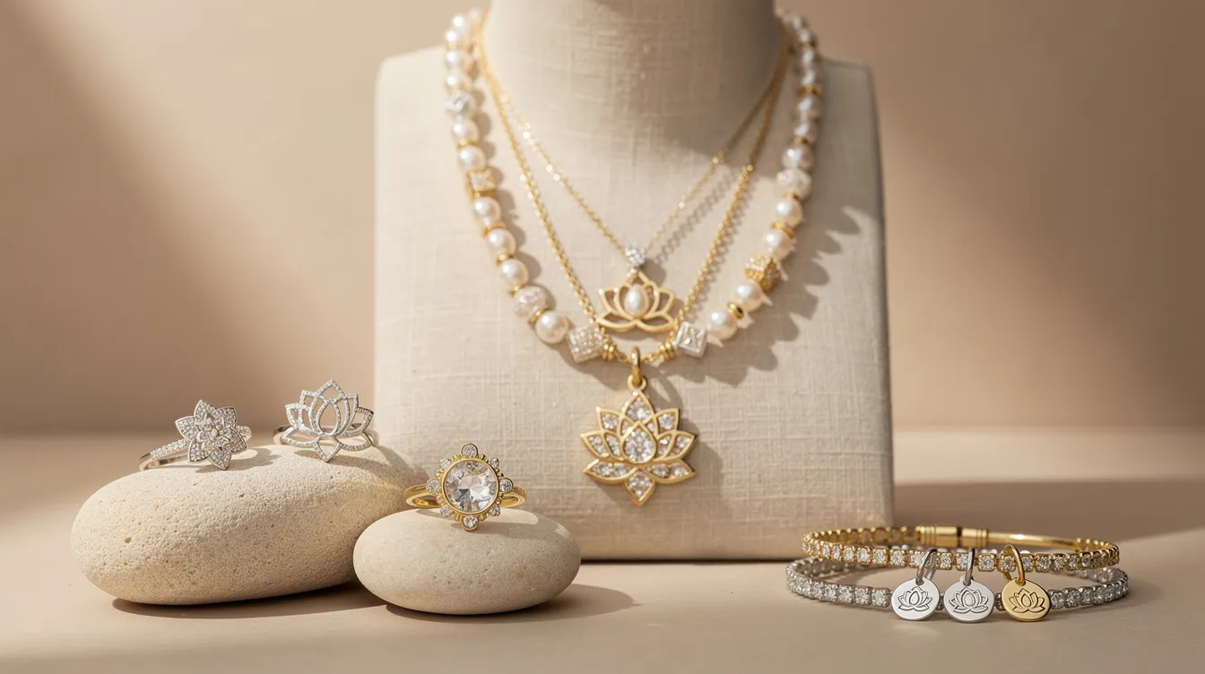 The image showcases a collection of spiritual jewellery, including delicate cocktail rings adorned with sparkling diamonds and lustrous pearls, alongside bold statement necklaces featuring significant symbols like the hamsa hand and evil eye. This beautifully crafted jewellery is designed to resonate with the wearer's spiritual journey, offering emotional healing and positive energy for personal growth and spiritual clarity.