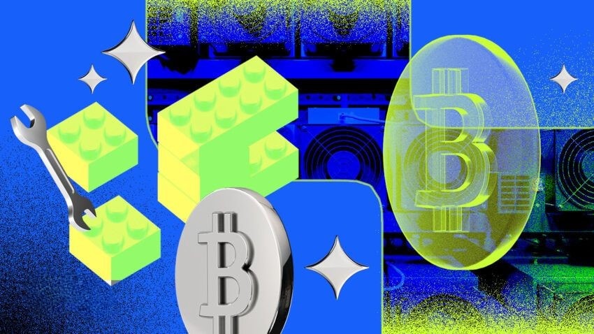 Illustration of a bright, loud Bitcoin image, lego blocks, spanner and mining rig