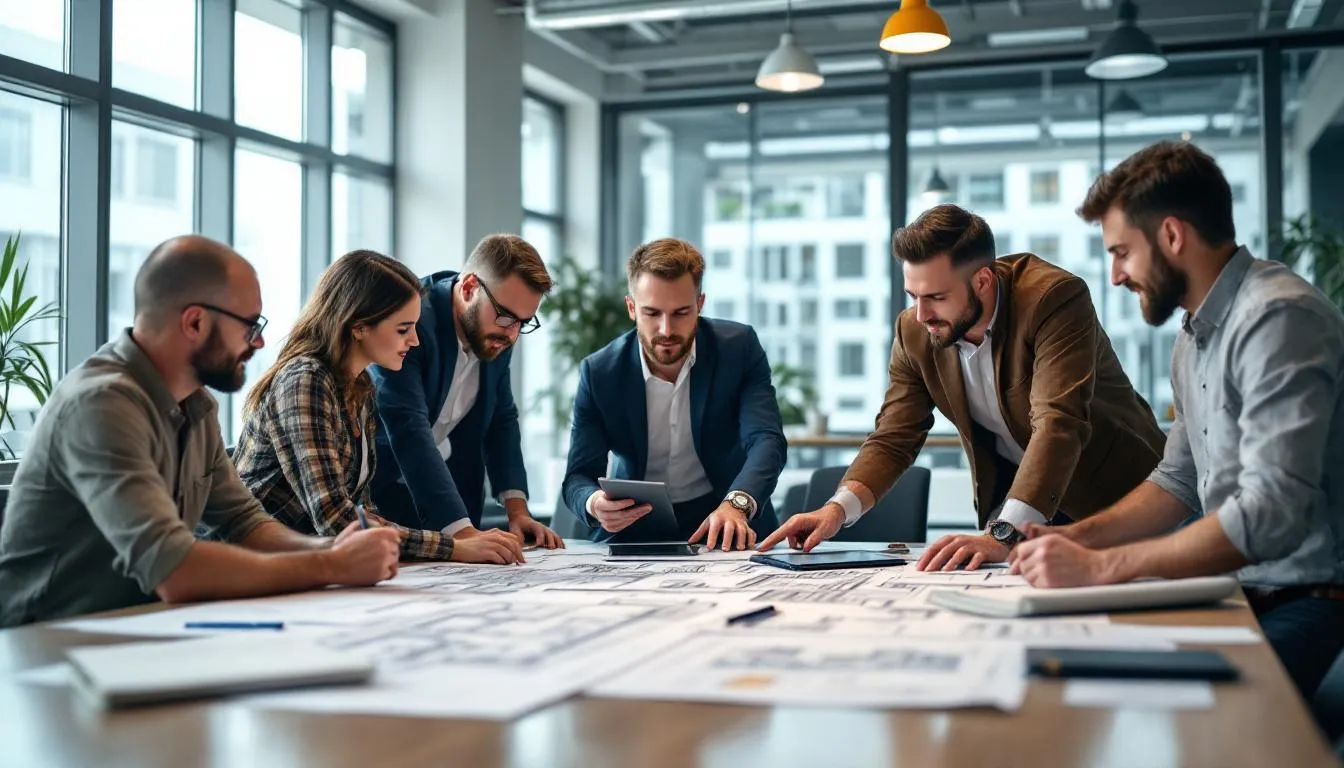 A diverse team of professionals, including architects, engineers, and contractors, collaborates around a conference table, reviewing detailed building plans. This scene highlights the importance of teamwork and communication in the architecture program, essential for developing the skills necessary for successful careers in the industry.