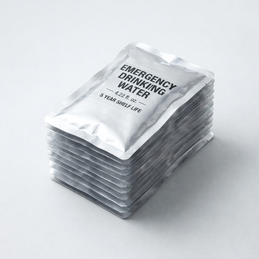 A stack of single-serving emergency water pouches, ideal for classroom preparedness kits.