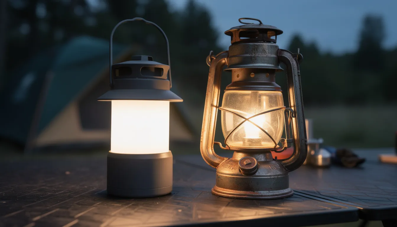 The image features an LED lantern and a traditional hurricane lantern placed side by side on a camping table, showcasing a blend of modern and classic lighting options for outdoor adventures. The contrasting designs highlight the evolution of lanterns, with the LED lantern representing clean burning technology, while the hurricane lantern evokes a sense of nostalgia and reliance on kerosene or oil fuel.
