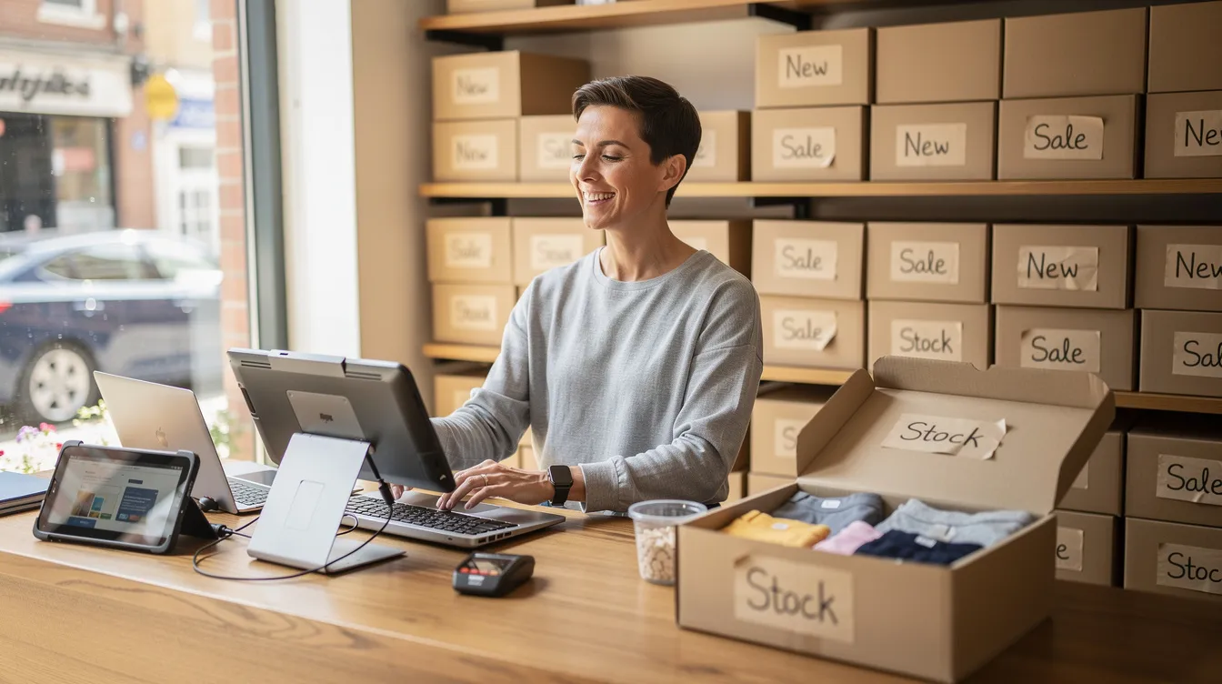 A small business owner is smiling while standing at a shop counter filled with boxes of merchandise, showcasing a warm and welcoming atmosphere. The image reflects the hard work and dedication that goes into running a business, which may require financial support through options like 小額 貸款 or 網上 貸款 for growth and sustainability.