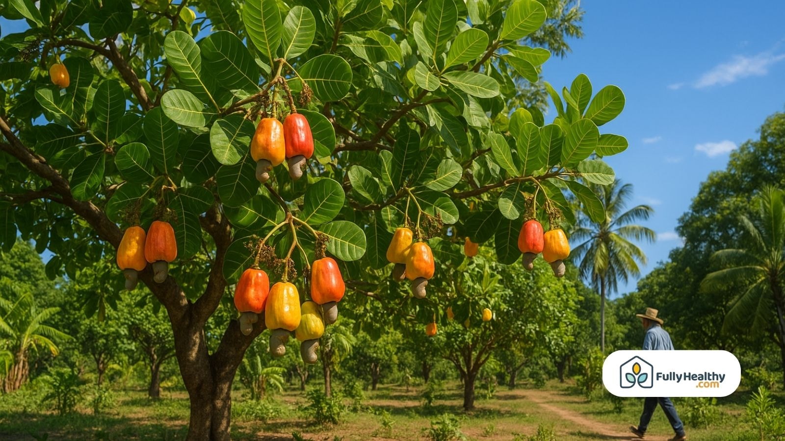 Mature cashew tree with ripe cashew apples hanging in clusters