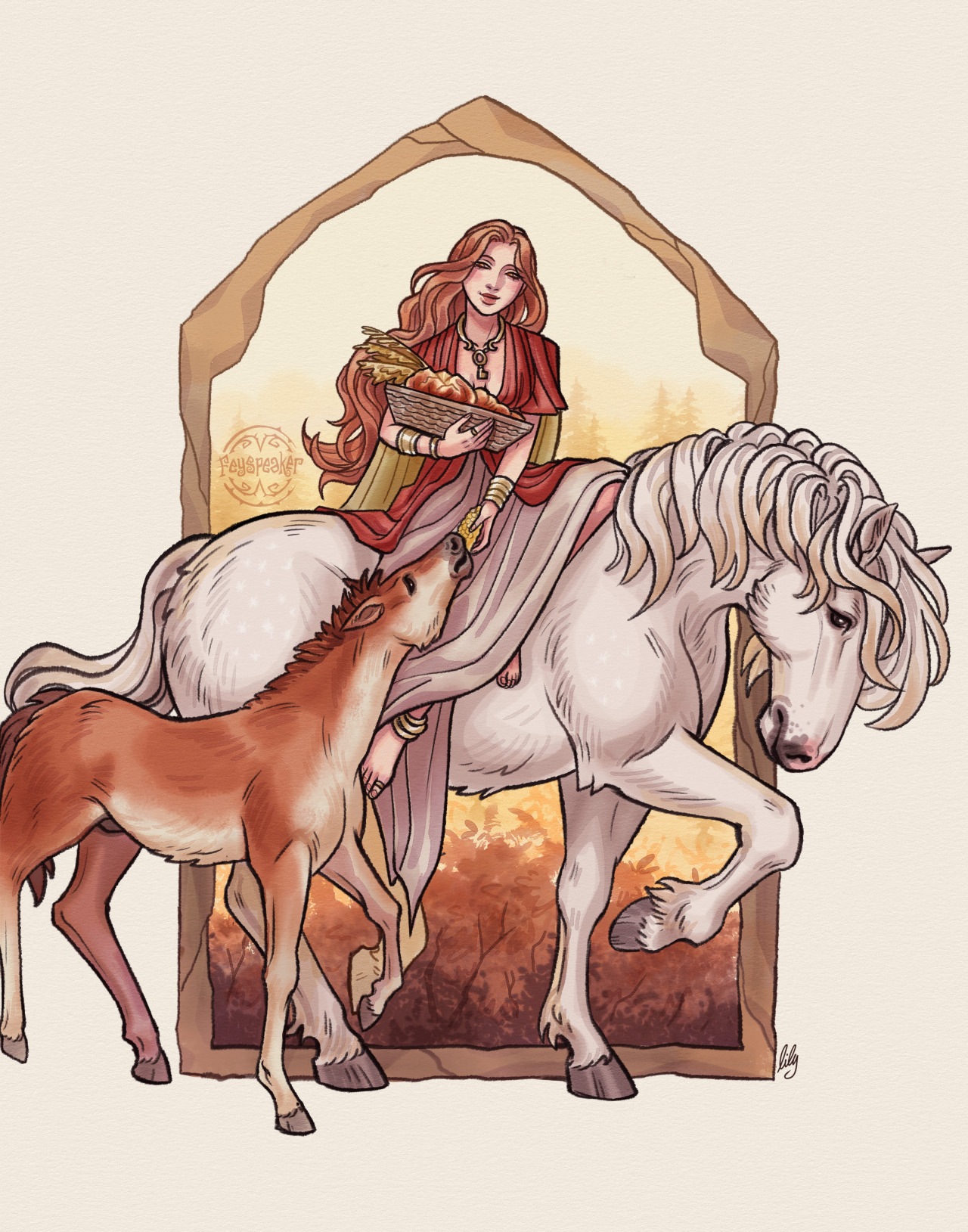 There is a white backdrop and an arched doorway into the forest. Goddess Epona is riding a white horse with a cornucopia in her hand while feeding a brown horse beside her.