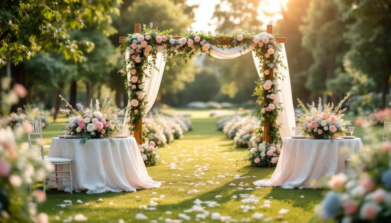 A beautiful outdoor venue set up for a summer wedding.