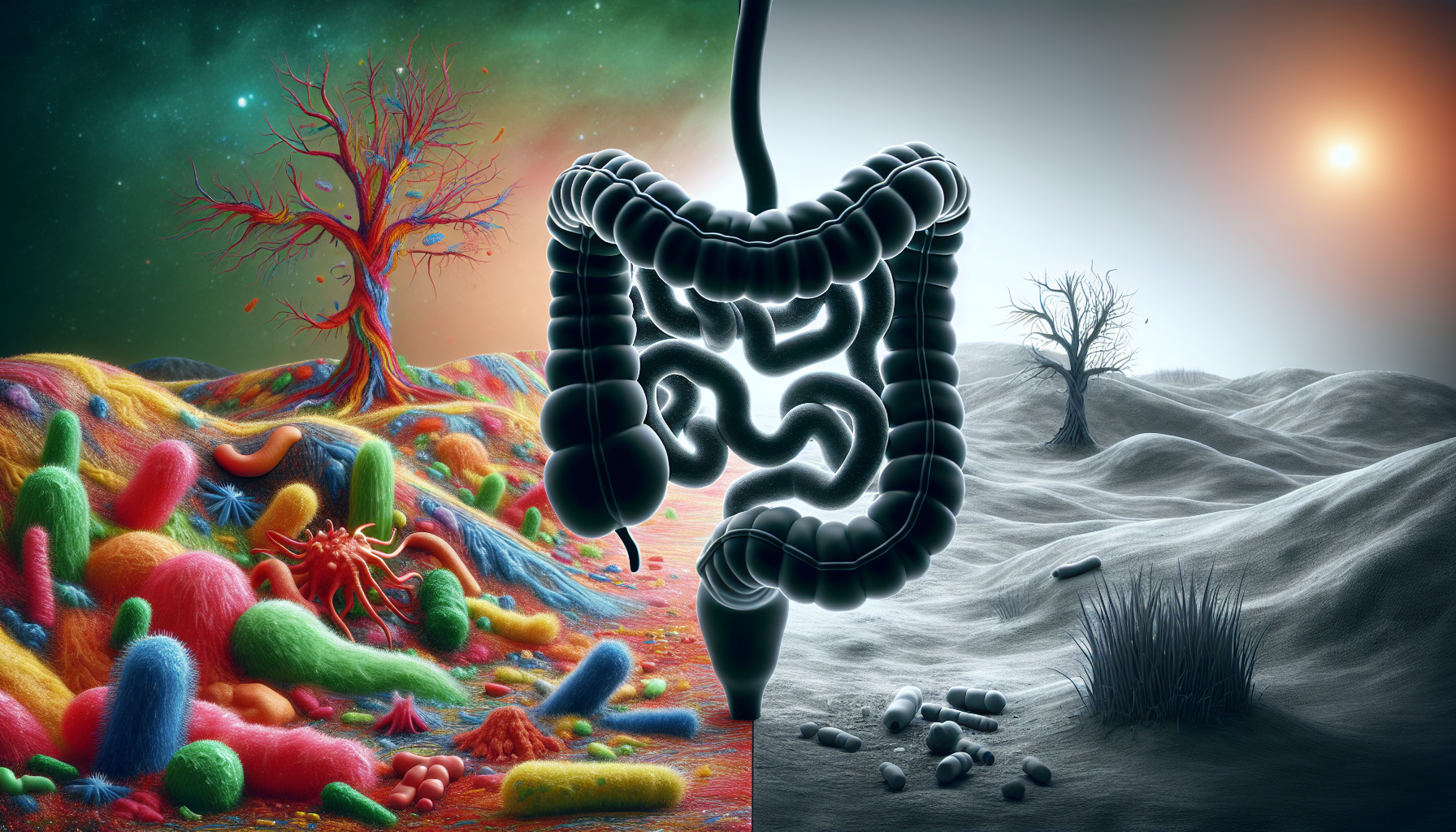 Artistic depiction of a healthy gut microbiome with diverse bacteria