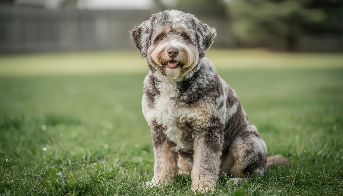 A beautiful aussiedoodle with a curly coat sits in a grassy yard, showcasing its athletic build and intelligent expression. This highly intelligent dog, a designer breed known for its herding instincts, is an ideal companion for active families.