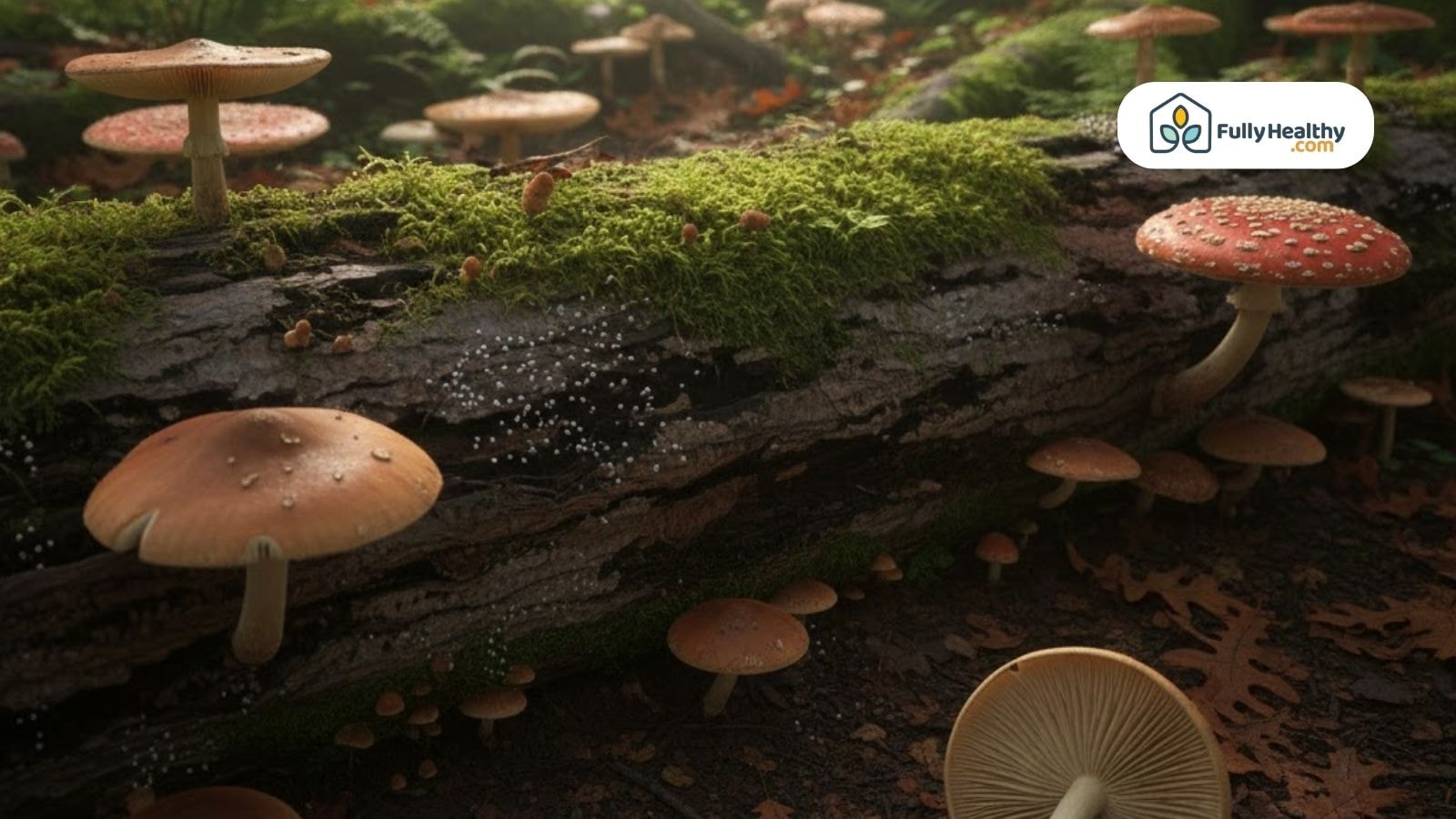 Various mushrooms growing on mossy log in a natural forest scene