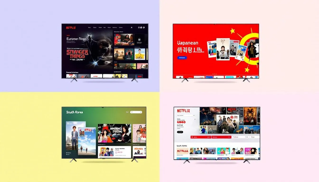 The image features a split screen showcasing various Netflix content libraries from different countries, highlighting the diversity of available streaming content. It emphasizes the importance of using a VPN for streaming to access geo-restricted content and enhance streaming capabilities across various streaming services.
