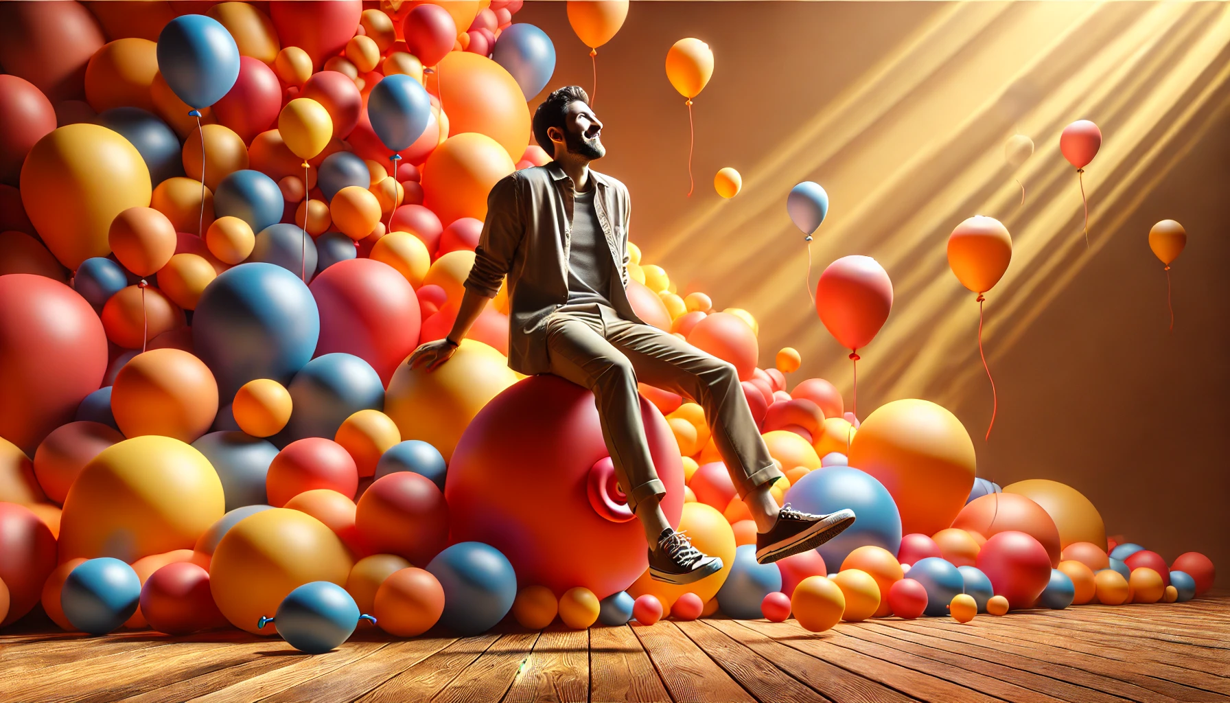 A man sitting on a large, colorful balloon. 