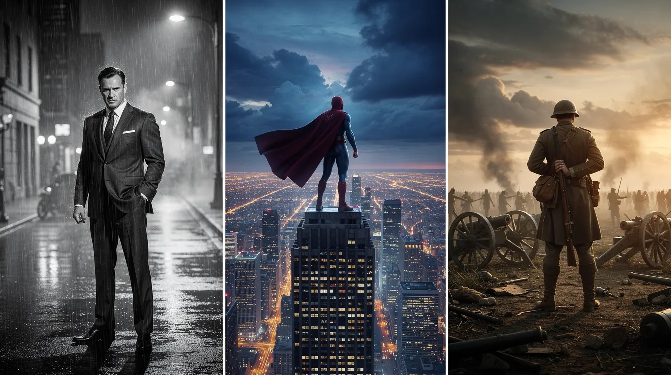 Das Bild zeigt drei dramatische Filmszenen nebeneinander: links einen Mann im Anzug in Schwarzweiß, der geheimnisvoll wirkt, in der Mitte einen Superhelden auf einem Hochhausdach bei Nacht, der bereit ist, die Stadt zu beschützen, und rechts einen Soldaten auf einem historischen Schlachtfeld, der inmitten des Chaos kämpft. Diese Darstellung spiegelt die Vielfalt und Intensität von Filmproduktionen wider, die zu den besten Filmen aller Zeiten zählen.