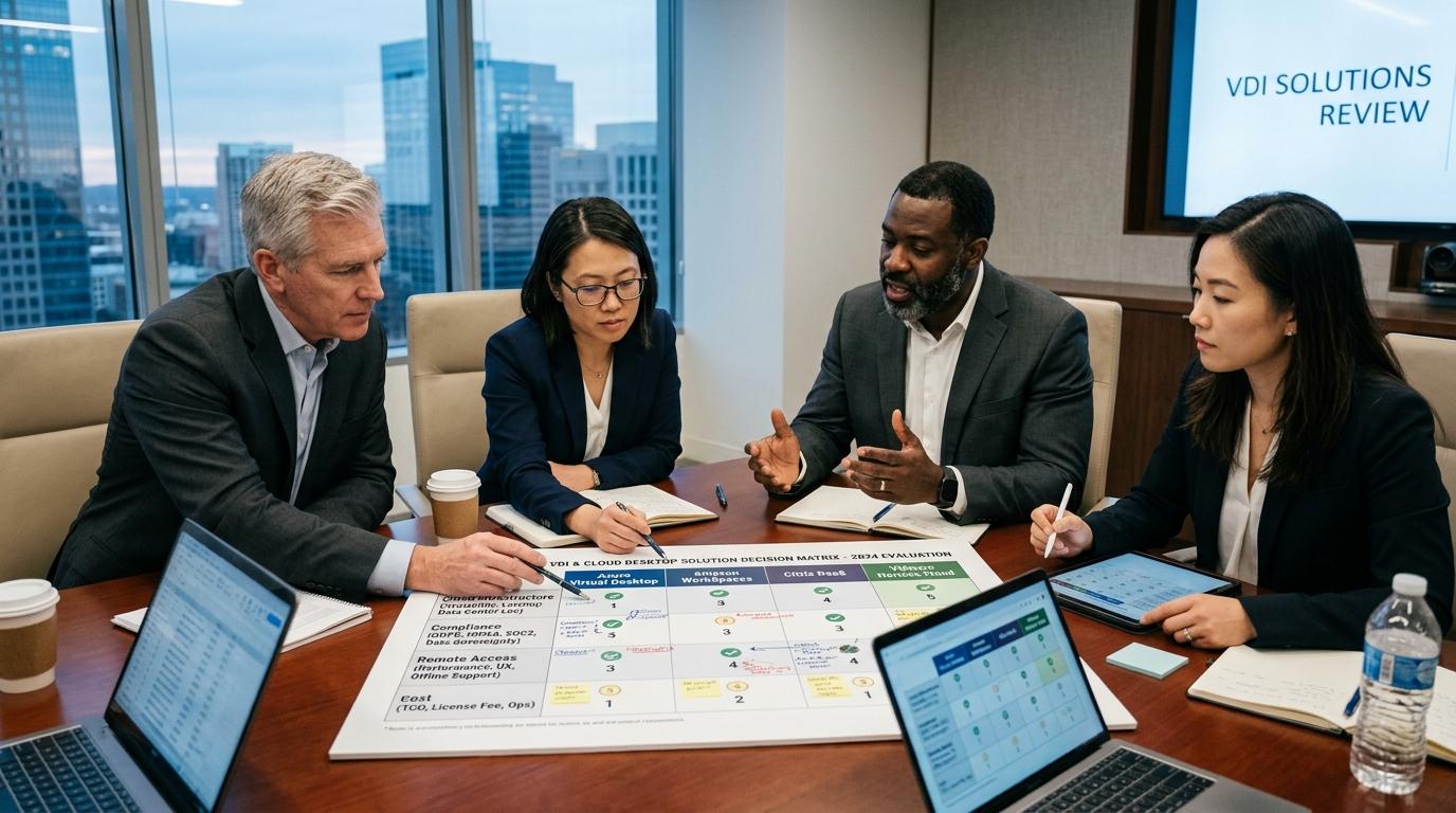 Business leaders reviewing a decision matrix for virtual desktop solutions with cloud infrastructure, compliance, and remote access criteria.