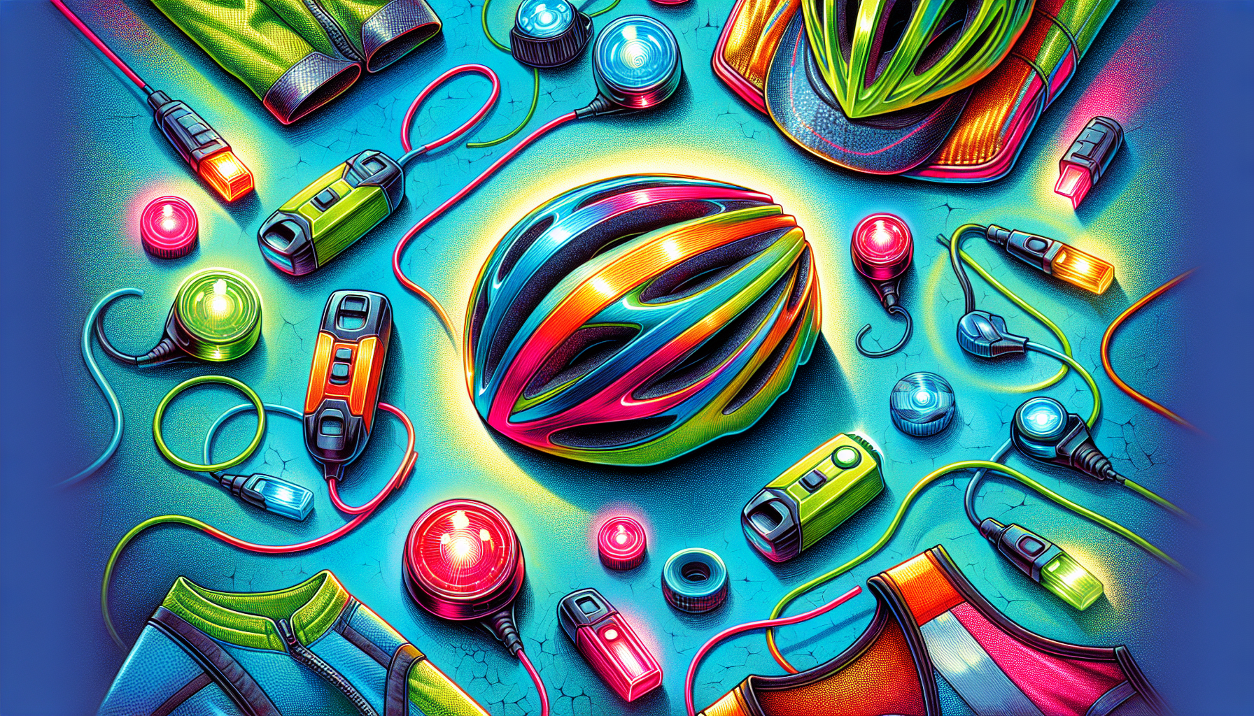 Illustration showcasing various safety gear and equipment for cyclists.