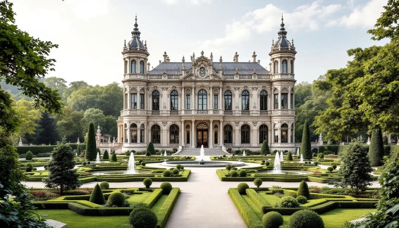 Das Bild zeigt ein elegantes Barockschloss mit weitläufigen Gartenanlagen, umgeben von klassischer Architektur. Diese traumhafte Hochzeitslocation in Stuttgart bietet ein romantisches Ambiente für Hochzeitsfeiern und ist ideal für Brautpaare, die eine besondere Atmosphäre für ihren großen Tag suchen.