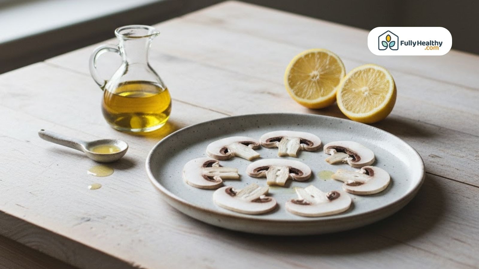 Thinly sliced raw white mushrooms on a plate, drizzled with olive oil and lemon.