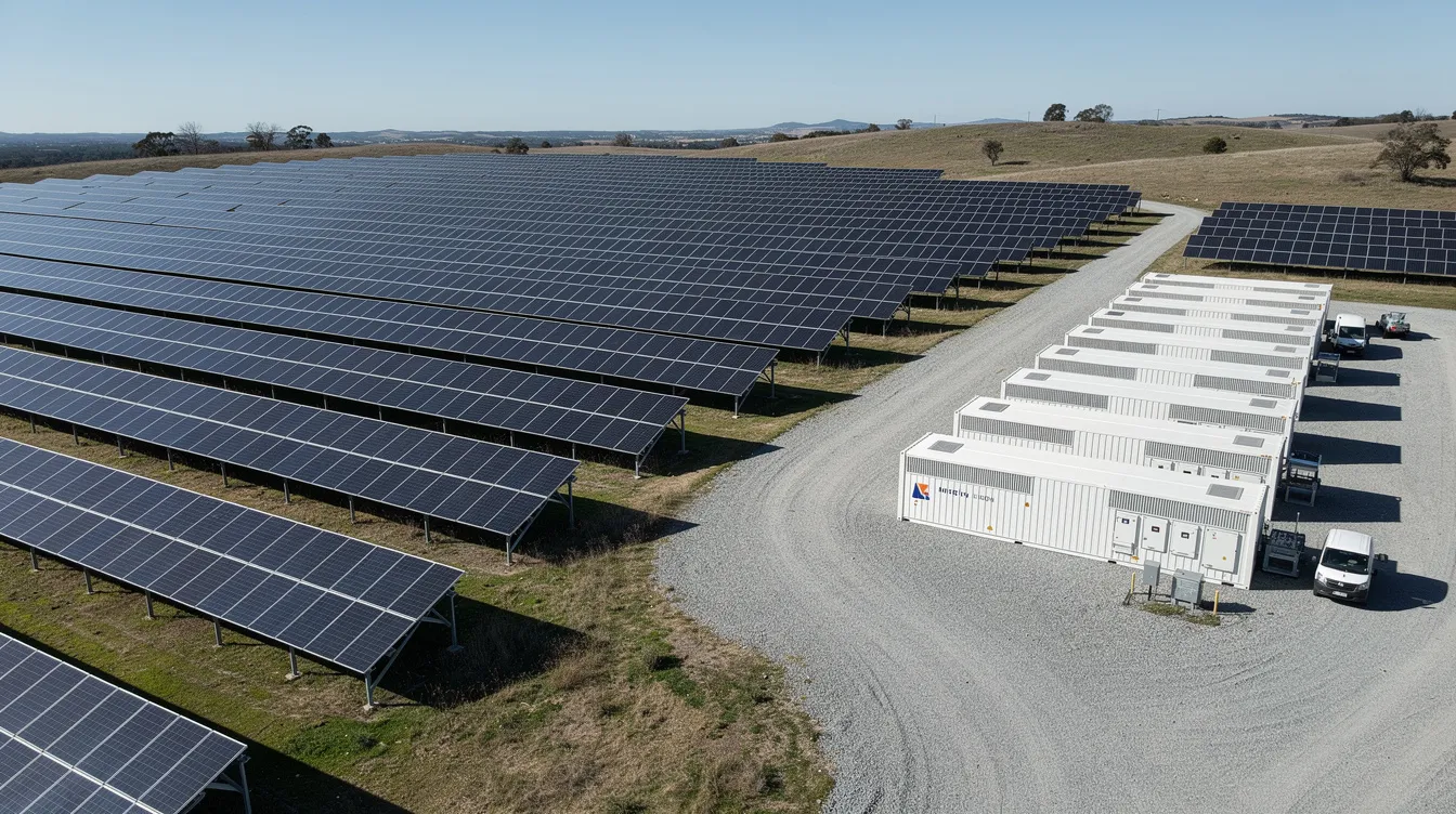 The image depicts a utility-scale solar farm featuring rows of solar panels, accompanied by a battery energy storage facility. This renewable energy project highlights the growing trend of integrating solar power generation with battery storage to enhance energy efficiency and support energy industry clients.