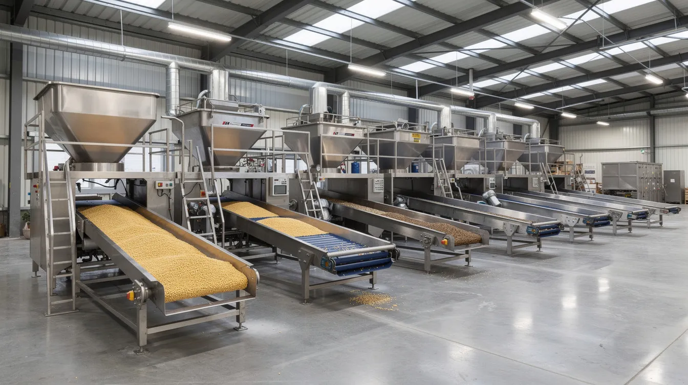 c3f612ab 6414 4dd0 b79e 72fabcb9264c The image depicts an industrial pulse processing plant, featuring large machinery with conveyor belts and hoppers designed for handling raw uncleaned pulses within a spacious warehouse facility. This setup is essential for efficient production capacity utilization in the pulse processing sector, contributing to the growing demand for nutritious food products and plant-based protein sources.