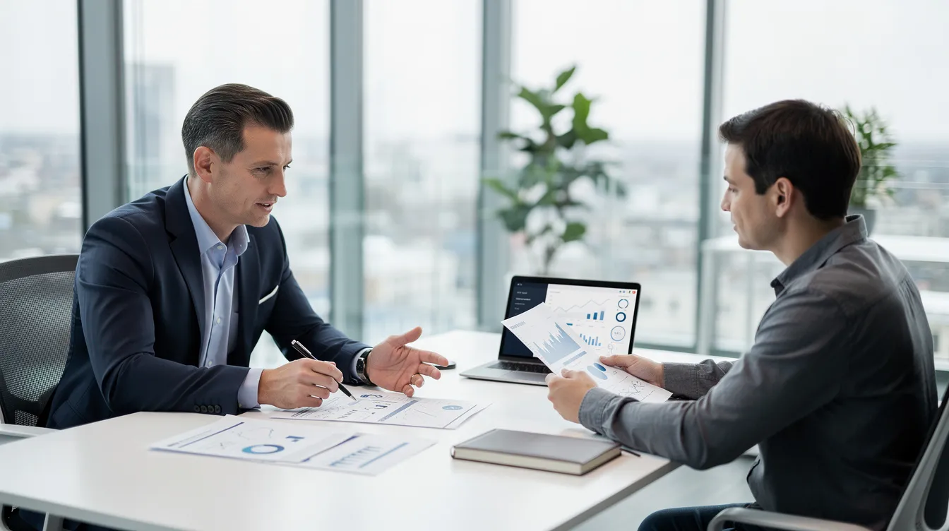 A professional financial advisor is engaged in a discussion with a client in a bright, modern office, reviewing documents related to a private loan application. The setting conveys a sense of professionalism and clarity, essential for understanding terms such as "actual annual interest rate" and "monthly repayment amount."