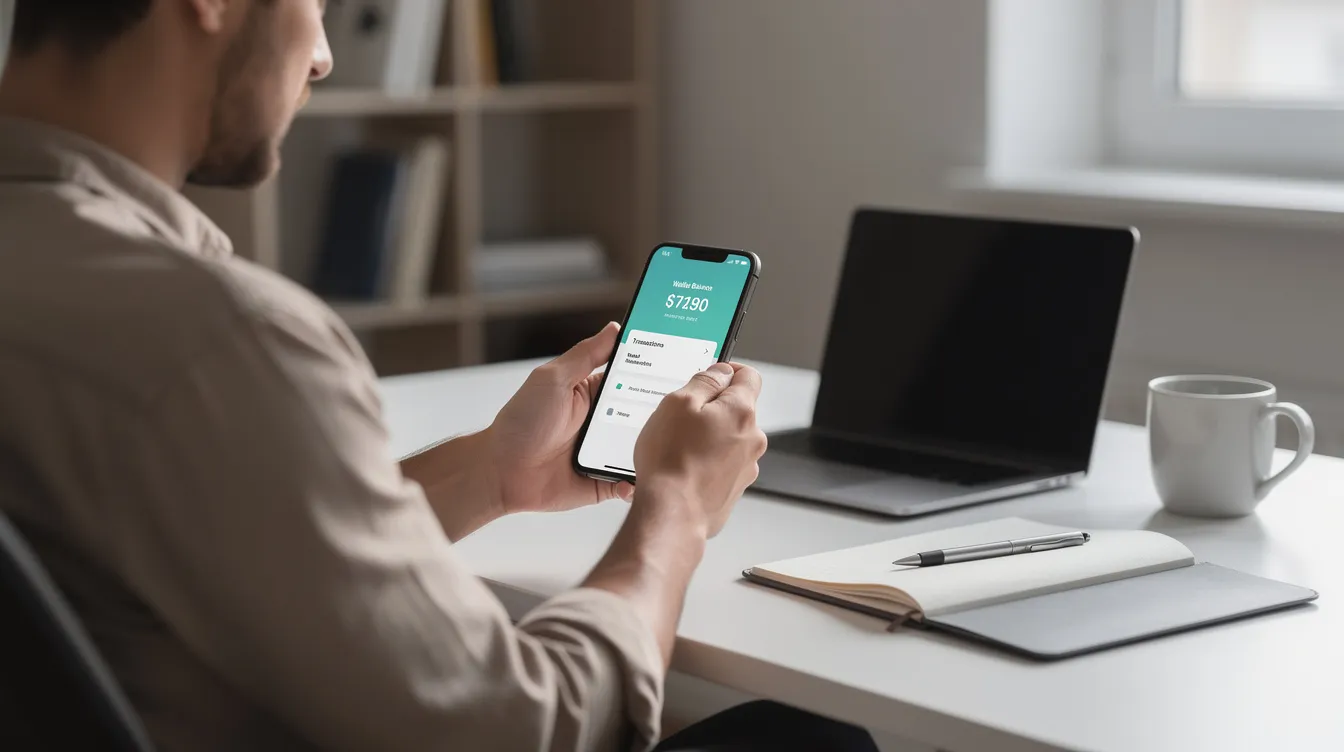 A person is sitting at a desk, using their smartphone to check their Upaisa mobile wallet balance, showcasing a hassle-free mobile experience for managing funds. The scene emphasizes the convenience of secure online transactions and easy fund transfers through the Upaisa app.