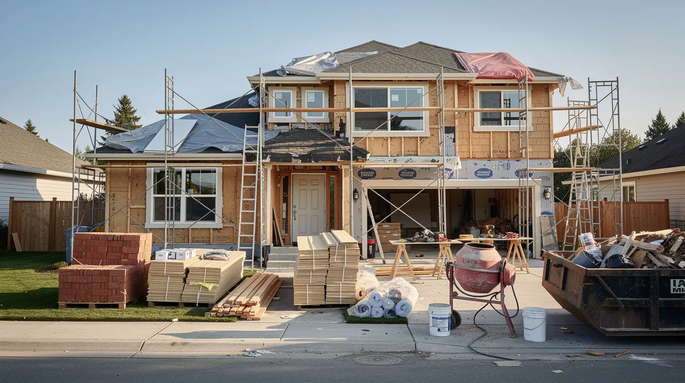 The image shows a house in the midst of renovation, with various construction materials like lumber, paint, and tools scattered around the site. This investment property is a potential candidate for real estate investors looking to improve its value and generate rental income.