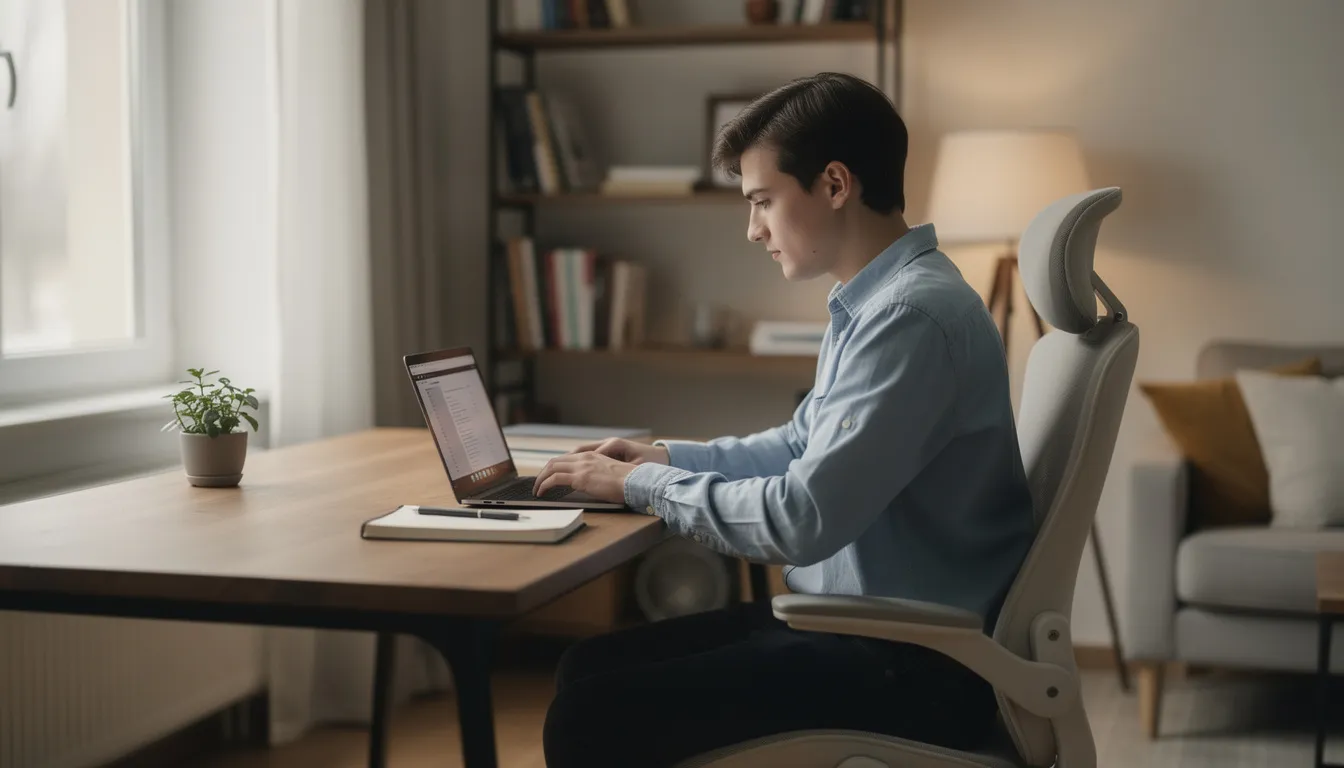 Na zdjęciu freelancer pracuje przy laptopie w domowym biurze, otoczony notatkami i filiżanką kawy. W tle widać półkę z książkami, co sugeruje przytulną atmosferę sprzyjającą koncentracji i kreatywności.