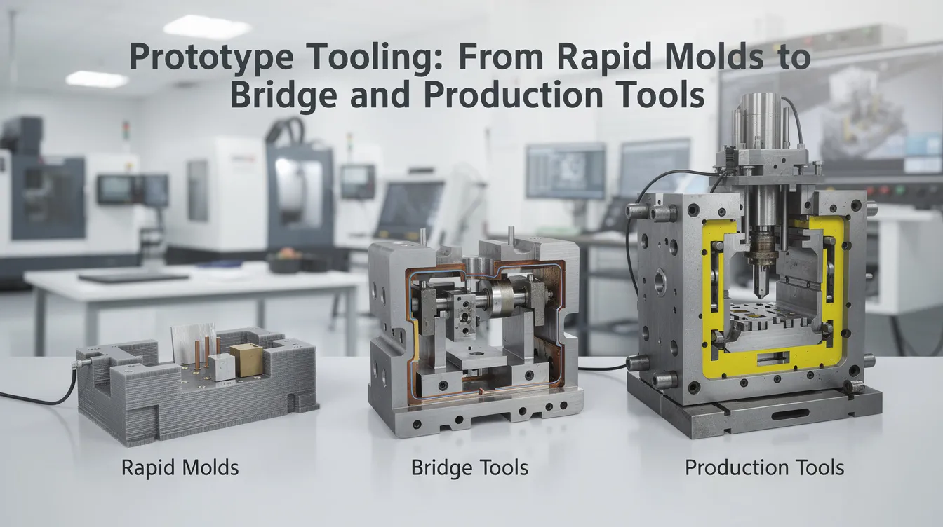 The image illustrates various prototype tooling methods, showcasing the transition from rapid molds to bridge and production tools used in the manufacturing process. It highlights techniques such as injection molding, rapid prototyping, and CNC machining, emphasizing their roles in creating functional prototypes and molds for both low and high-volume production.