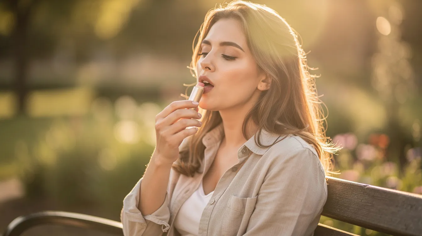 A woman is sitting outdoors in soft sunlight, applying lip balm to her lips, which appear well-hydrated and healthy. This scene captures a moment of self-care, emphasizing the importance of maintaining lip health, especially for those considering lip filler treatments or enhancements.