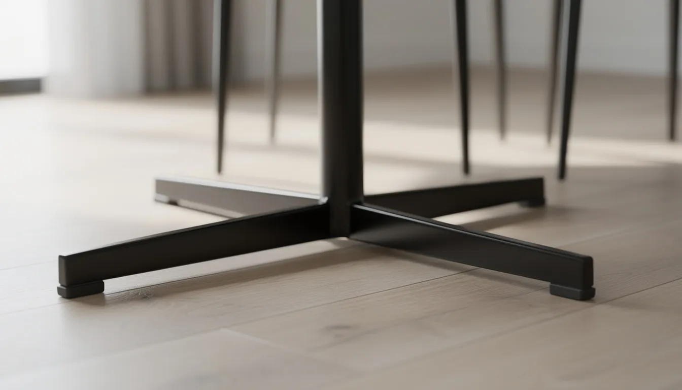 Detailopname van een zwarte metalen kruispoot onder een luxe eetkamerstoel van velvet, die draaibaar is en een moderne uitstraling heeft. Deze comfortabele stoel biedt extra zitruimte en past perfect in een eethoek of eetkamer, met strakke lijnen en een praktische draaifunctie.