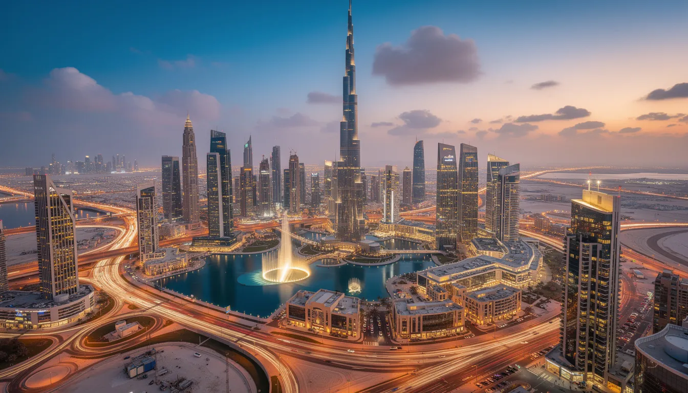The image showcases the stunning Dubai cityscape at dusk, featuring the iconic Burj Khalifa surrounded by modern skyscrapers illuminated against the evening sky. This vibrant scene highlights Dubai's architectural marvels, perfect for travelers looking to stay connected with various esim plans for unlimited data while exploring the United Arab Emirates.
