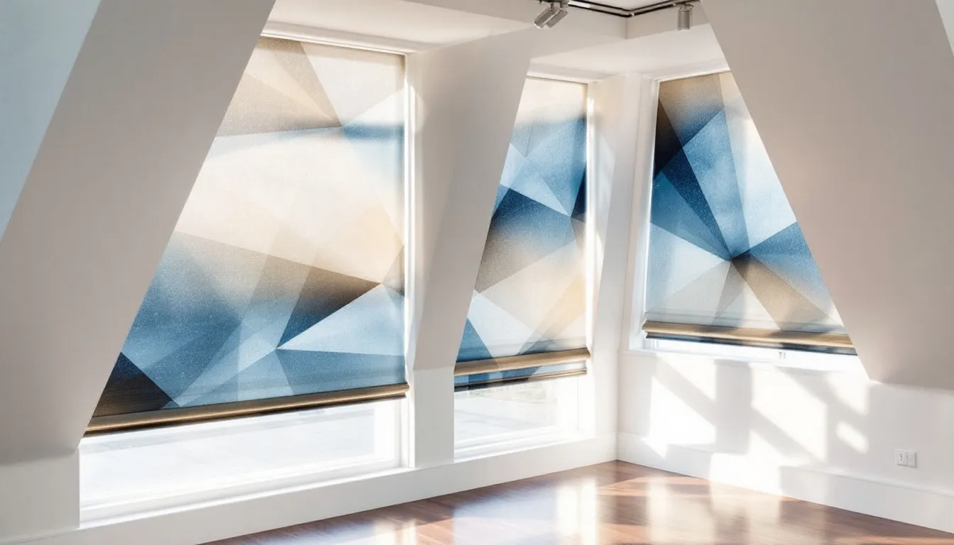 Custom shades for trapezoid windows displayed in a stylish interior setting.
