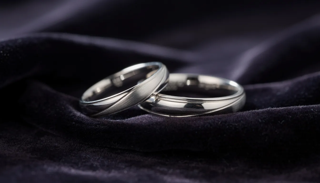 Obrączki z białego złota – nowoczesna klasyka na całe życie 12 Na ciemnym aksamitnym tle znajdują się eleganckie obrączki ślubne z białego złota, które emanują klasyczną elegancją i blaskiem. Te szlachetne obrączki z białego złota są doskonałym wyborem na całe życie, symbolizując miłość i trwałość.