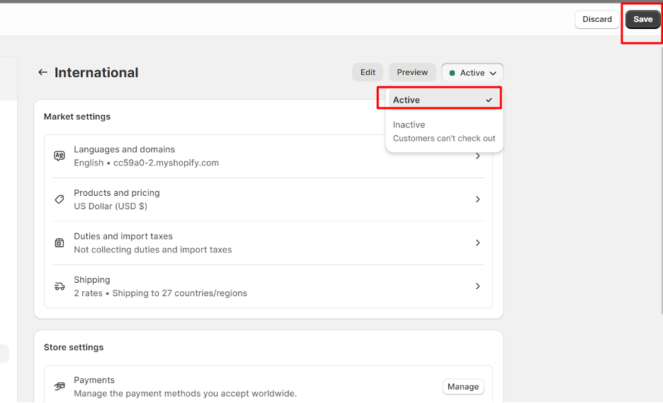 Shopify dashboard - Market settings - International - Activating a shipping zone