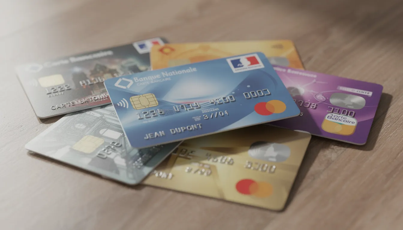 L'image montre plusieurs cartes bancaires, dont une carte visa infinite, posées sur une table. Ces cartes de paiement illustrent divers moyens de paiement haut de gamme, offrant des privilèges et des garanties d'assurance pour les utilisateurs.