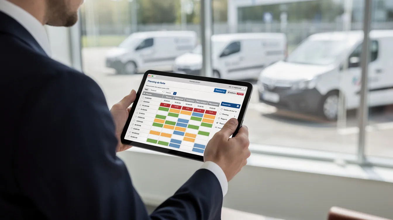 Un gestionnaire consulte le planning d'une flotte de véhicules sur une tablette, utilisant un logiciel de gestion pour la location de voitures. Il vérifie la disponibilité et les mises à jour des véhicules, assurant ainsi un service efficace pour les clients.