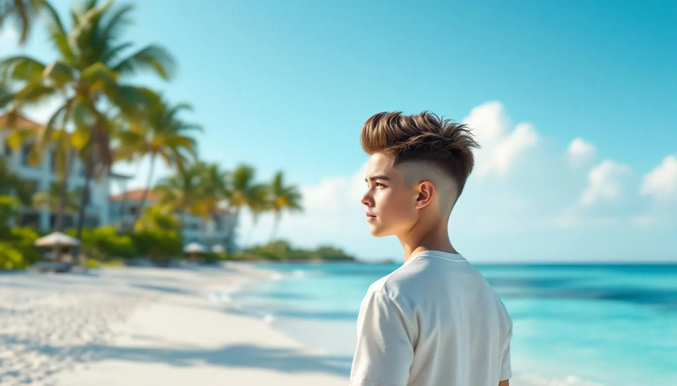 A young boy is sporting a trendy haircut with long hair on top and short sides, showcasing a polished appearance with a natural texture. In the background, a beautiful beachfront resort with palm trees and the sea adds a tropical vibe to the scene.
