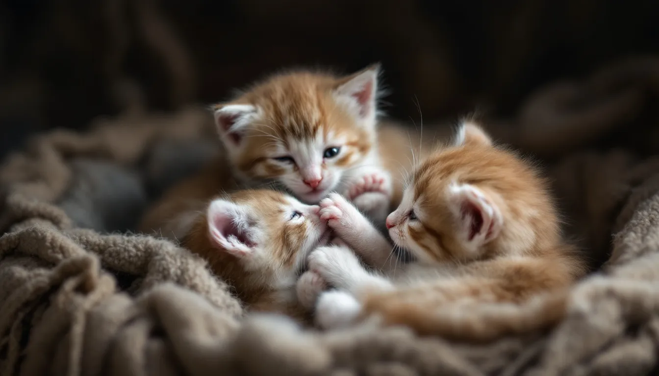 In het nest spelen twee kittens rustig met elkaar, terwijl hun oren neutraal staan. Ze stoeien en rollen over elkaar zonder agressie te tonen, wat een speelse en schattige sfeer creëert.