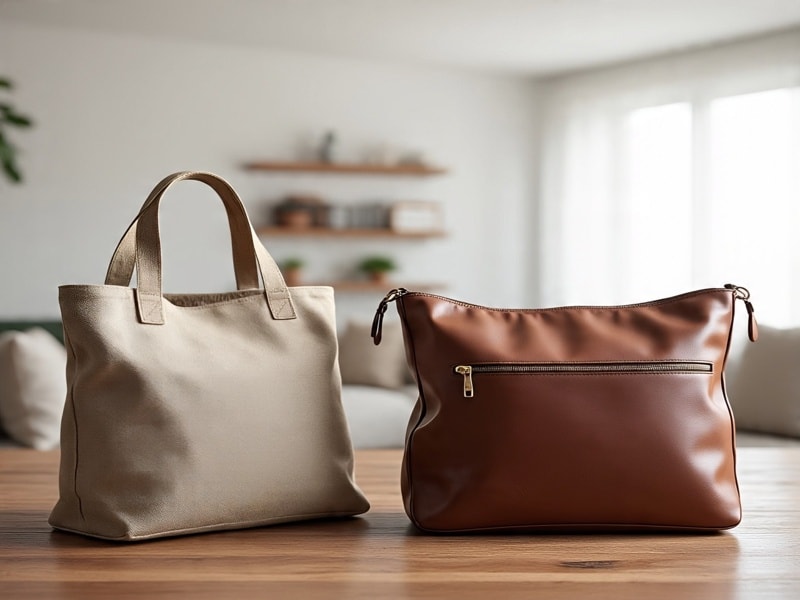 Two bags are placed on a table in a bright and tidy room, one is a tote bag made from canvas, while the other is a brown leather purse. The canvas bag looks simple and soft, perfect for everyday use. The leather purse is smooth and shiny, with a neat design, great for work or outings. 