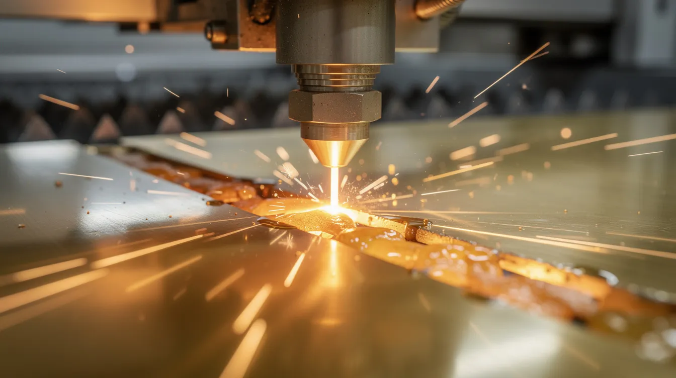 A close-up view of a fiber laser cutting head emits a bright laser beam as it cuts through a polished brass sheet, creating molten sparks that fly outward. The image highlights the precision of the laser cutting process, showcasing the intricate details being engraved on the brass surface.