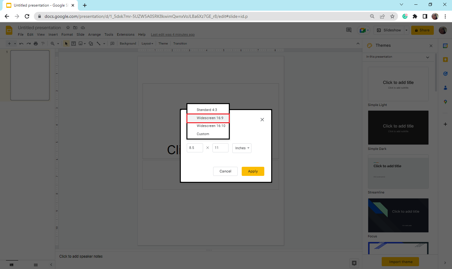 Select the default layout for Google Slides which is " widescreen" with a current aspect ratio of 16:9