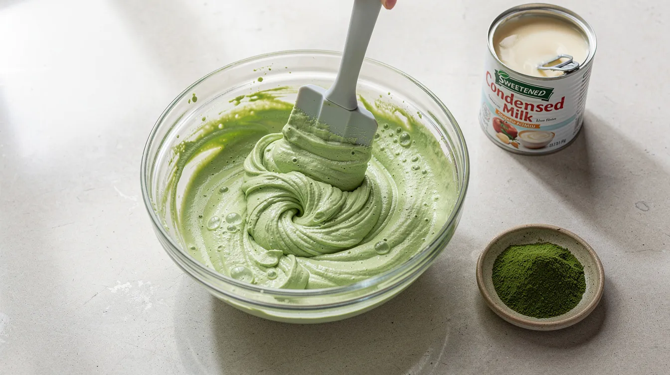 In einer klaren Schüssel befindet sich eine leuchtend grüne Mischung aus cremigem Matcha-Eis, die mit einem Spatel verrührt wird. Neben der Schüssel liegen eine Dose Kondensmilch und etwas Matcha-Pulver, während das natürliche Tageslicht die minimalistische Küchenszene beleuchtet.